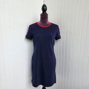 Tommy Hilfiger Navy Blue Short Sleeve T Shirt Dress Womens Red Stripe Accents S